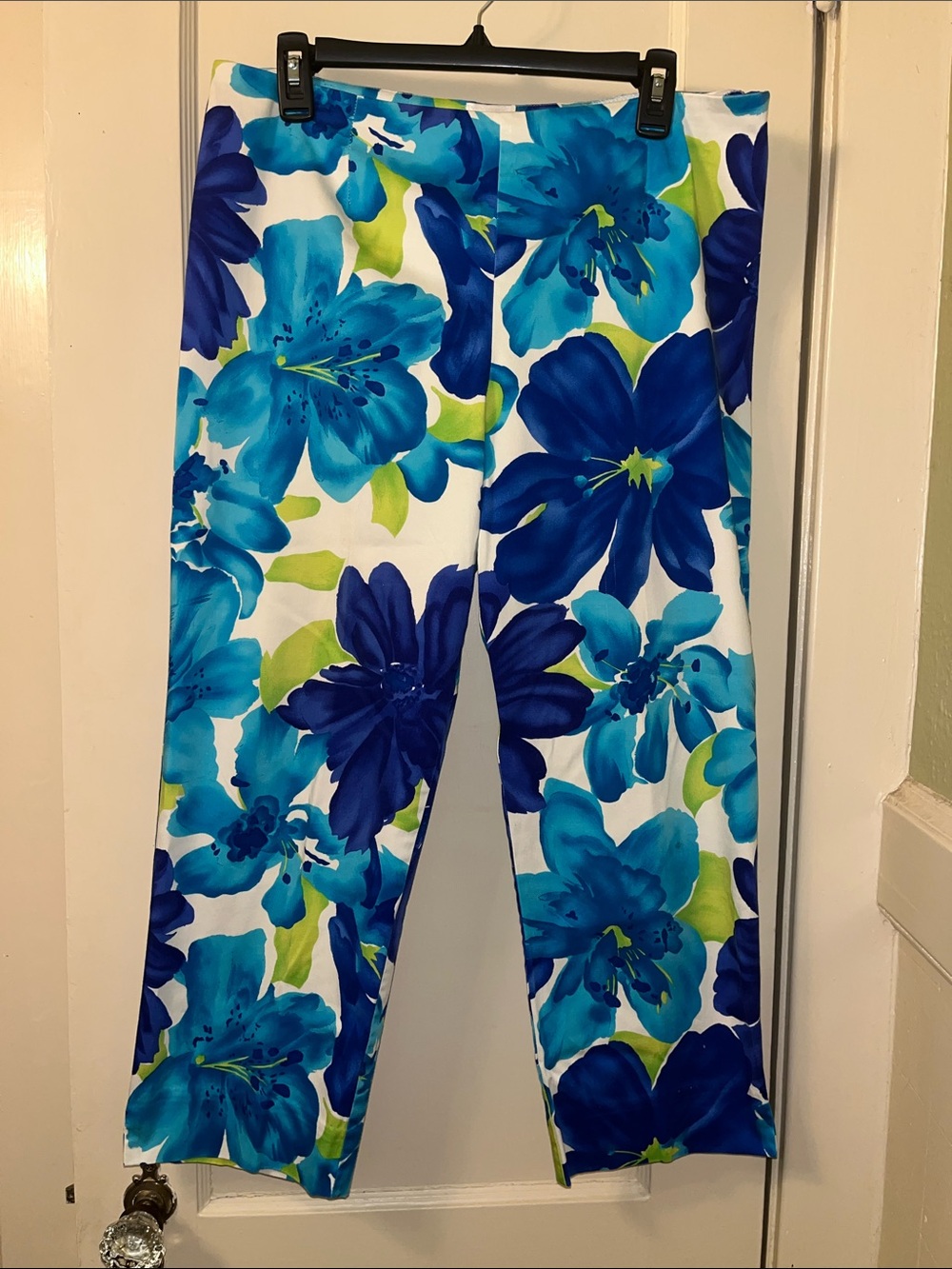 Allison Taylor White Capri Pants with Blue Floral Print